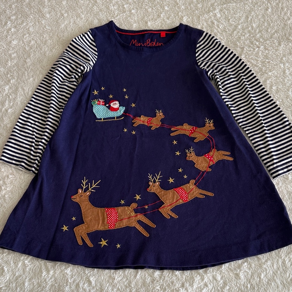 Mini Boden girls size 5-6 blue soft knit Santa reindeer comfy dress Christmas